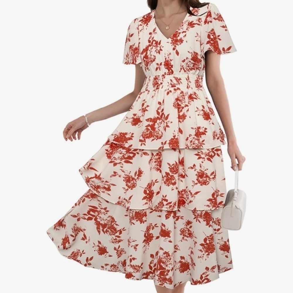 Orange And White Floral Maxi Dress